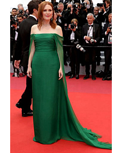 Emerald Cascade – Julianne Moore Cannes 2019–Inspired Off-the-Shoulder Draped Chiffon Column Gown