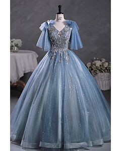 V-Neck Beaded Floral Bodice & Cape Sleeves