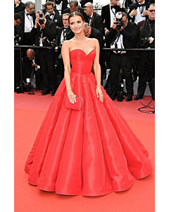 Scarlet Splendor – Natalia Janoszek Cannes 2019–Inspired Strapless Ball Gown with Voluminous Skirt