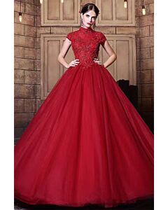 Lace Embroidered Bodice, Short Sleeves, Full Tulle Skirt