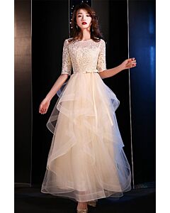 Half-Sleeve Lace Top, Belted Waist, Flowing Ruffle Skirt