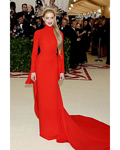 Crimson Reverence – Amber Heard Met Gala 2018–Inspired High-Neck Column Gown with Sweep Train