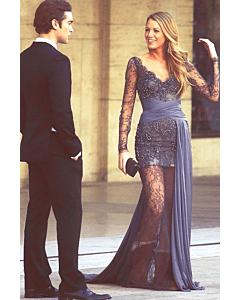 Blake Lively Gray Lace Long-sleeve Dress in TV Show "Gossip Girl" Fashion