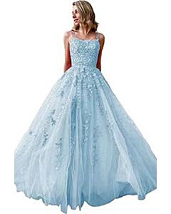 Spaghetti-Strap Bodice, Embroidered Tulle, Floor Length  Dress 