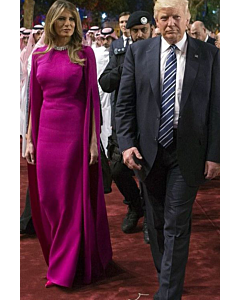 Fuchsia Majesty – Saudi Arabia State Visit–Inspired Fuchsia Crepe Cape-Sleeve Sheath Gown