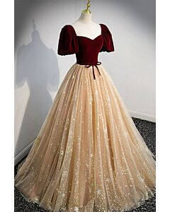 Burgundy Velvet & Champagne Star Tulle Ball Gown