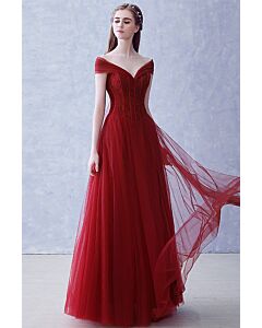 Crimson Off-Shoulder Corset Tulle Evening Gown