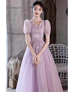 Lavender Whisper Puff-Sleeve Ball Gown