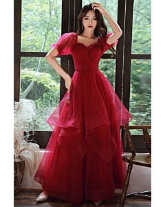 Ruby Garden Puff-Sleeve Evening Dress