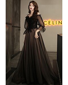 Shadow Symphony Sheer-Sleeve Gown