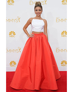 Coral Contrast – Emmys 2014–Inspired White Crop Top & Coral Ball Skirt Ensemble