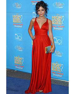Crimson Serenade – High School Musical 2 Premiere–Inspired Red Draped V-Neck Grecian A-Line Gown