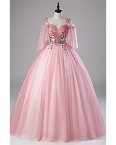 Pink Aurora Flutter-Sleeve Ball Gown