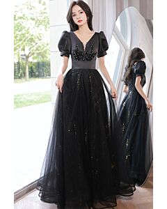 Starlit Noir V-Neck Evening Dress