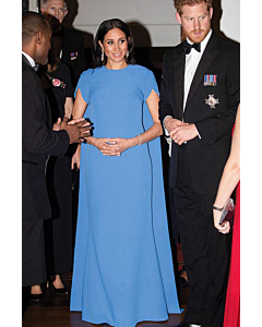 Royal Serenity – Meghan Markle-Inspired Blue Cape-Sleeve Maternity Column Gown