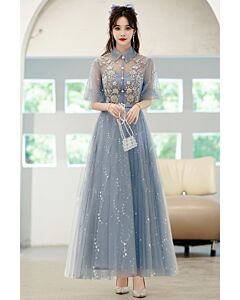 Dusty Blue Pearl-Button Embroidered Maxi Dress