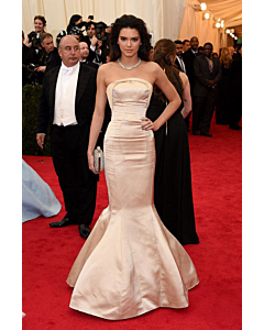 Champagne Glow Kendall Jenner Inspired Champagne Satin Strapless Mermaid Celebrity Formal Prom Dress Met Gala 2014