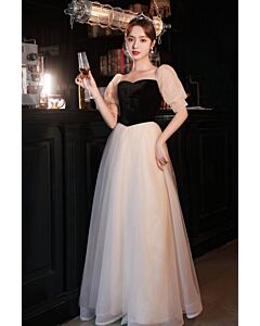 Two-Tone Sweetheart Puff-Sleeve Evening Gown