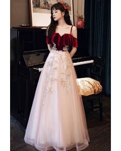 Burgundy Velvet & Blush Floral A-Line Dress