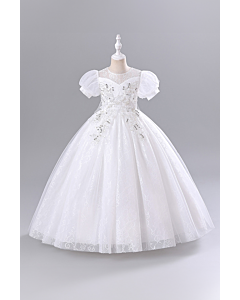 Girls' White Lace Floral Embellished Puff Sleeve Princess Dress