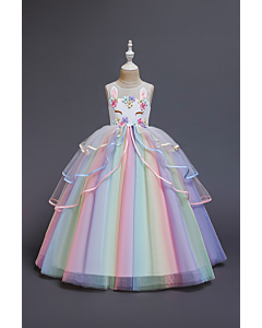Girls' Rainbow Tulle Bunny Embellished Sleeveless Princess Dress