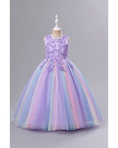Girls' Purple Floral Embellished Rainbow Tulle Princess Dress