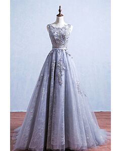 Moonlit Garden – Embroidered Gray Tulle Dress