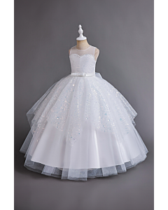 Girls' White Sequin Embellished Tulle Ball Gown with Satin Belt