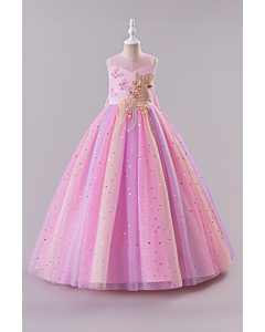 Girls' Pink and Purple Sequin Embellished Princess Gown with Floral Detailing