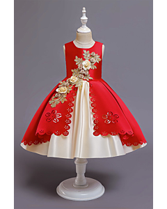 Girls' Red and Cream Flower Embellished Princess Dress with Scalloped Hem
