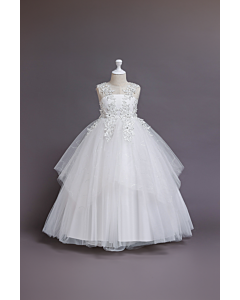 Girls' White Floral Sequin Embellished High-Low Tulle Princess Dress
