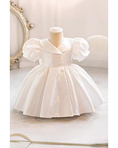 Girls' White Satin Puff Sleeve Button-Front Dress