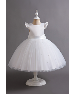 Girls' White Pearl-Embellished Tulle Dress with Ruffled Sleeves