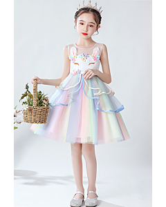 Girls' Rainbow Tulle Dress with Floral Embellishments and Ruffled Layers