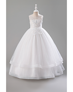 Girls' White Sequin-Embellished Tulle Princess Gown with Floral Bodice