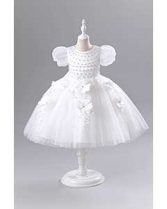 Girls' White Pearl-Embellished Tulle Dress with Floral Appliqué