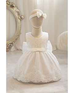 Girls' White Lace and Satin Dress with Bow and Headband Set