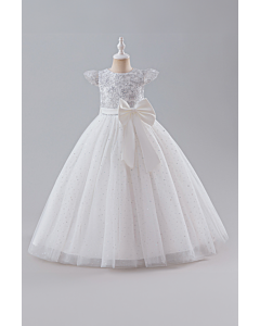 Girls' White Sequin-Embellished Lace Dress with Satin Bow