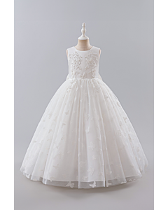 Girls' White Butterfly Embellished Tulle Princess Gown