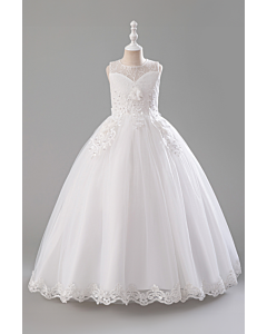 Girls' White Lace and Floral Embellished Tulle Ball Gown