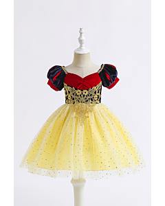 Girls' Snow White-Inspired Velvet and Tulle Princess Dress with Gold Detailing