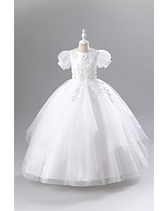 Girls' White Floral Lace Embellished Puff Sleeve Tulle Ball Gown