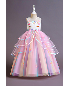 Girls'  Tulle Dress with Floral Embellishments and Ruffled Layers