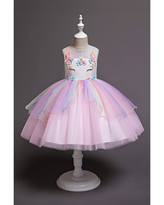 Girls' Rainbow Tulle Dress with Floral Appliqué and Unicorn Embellishments