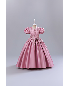 Girls' Pink Satin Floral Lace Embellished Puff Sleeve Ball Gown