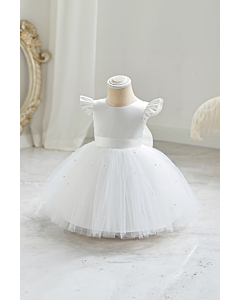 Girls' White Pearl-Embellished Tulle Dress with Satin Ribbon and Ruffled Sleeves