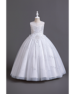 Girls' White Sequin-Embellished Tulle Ball Gown with Floral Lace Bodice