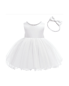 Girls' White Pearl-Embellished Tulle Dress with Matching Headband