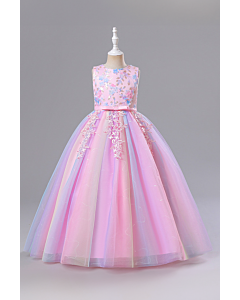 Girls' Pink and Blue Floral Embellished Tulle Princess Dress