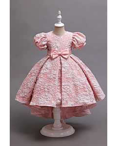 Girls' Pink Floral Lace High-Low Dress with Satin Bow